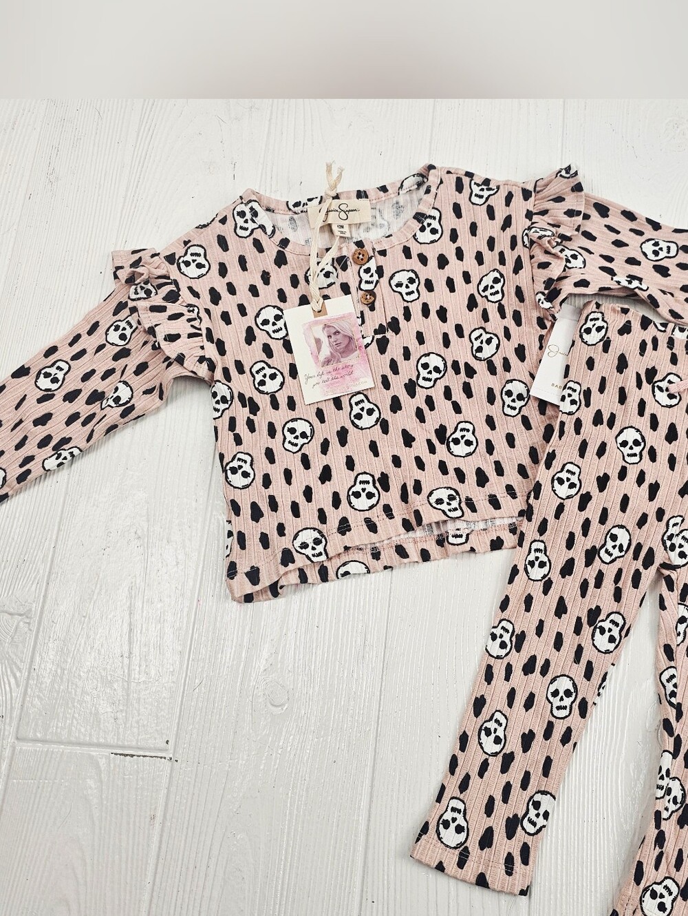 Jessica Simpson 12M Ruffle Ribbed Pink Skull Outfit. New With Tags